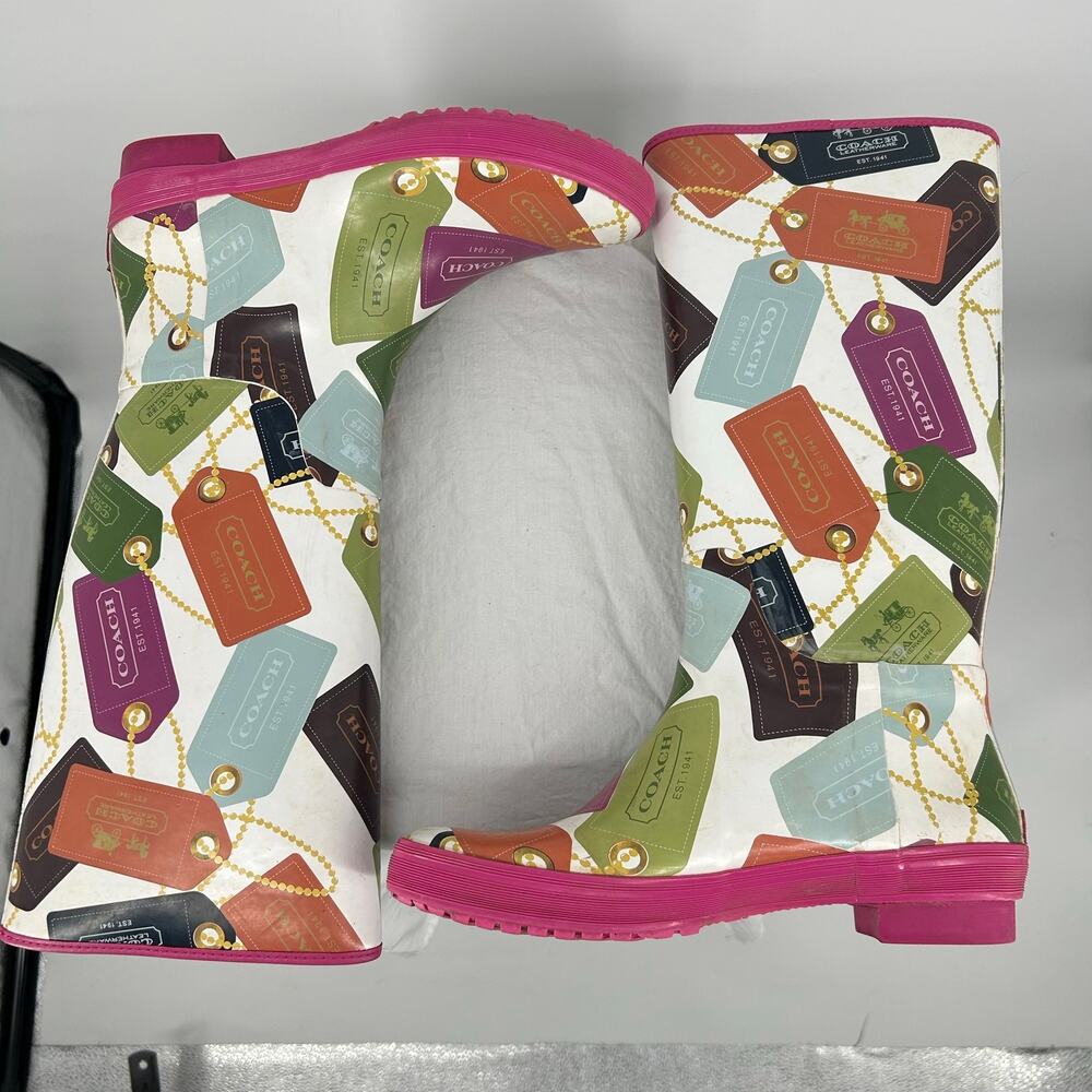 Women's Pink Multicolor COACH F2460 Pammie Hang Tags Rubber Rain Boots 8B - Picture 5 of 9